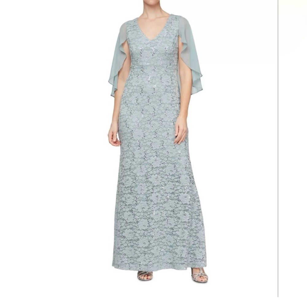SLNY Light Blue Lace Maxi Dress